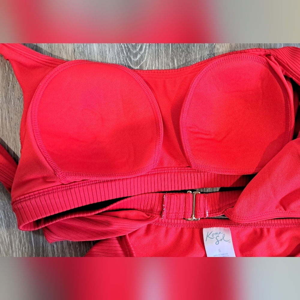 Kona Sol Ribbed 2 Piece Swimsuit Red S/M - Picture 4 of 5
